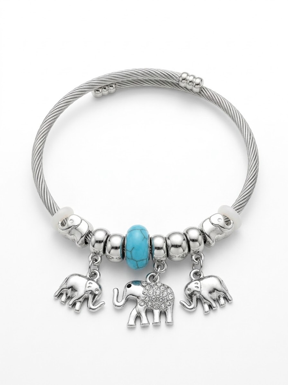Silver Elephant Charm Bracelet with Turquoise Bead - Women Jewelry, NEW